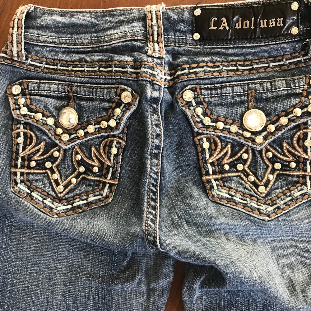 LA Idol USA Capri Jeans Womens 3 Blue‎ Medium Wash Denim Embellished Pockets